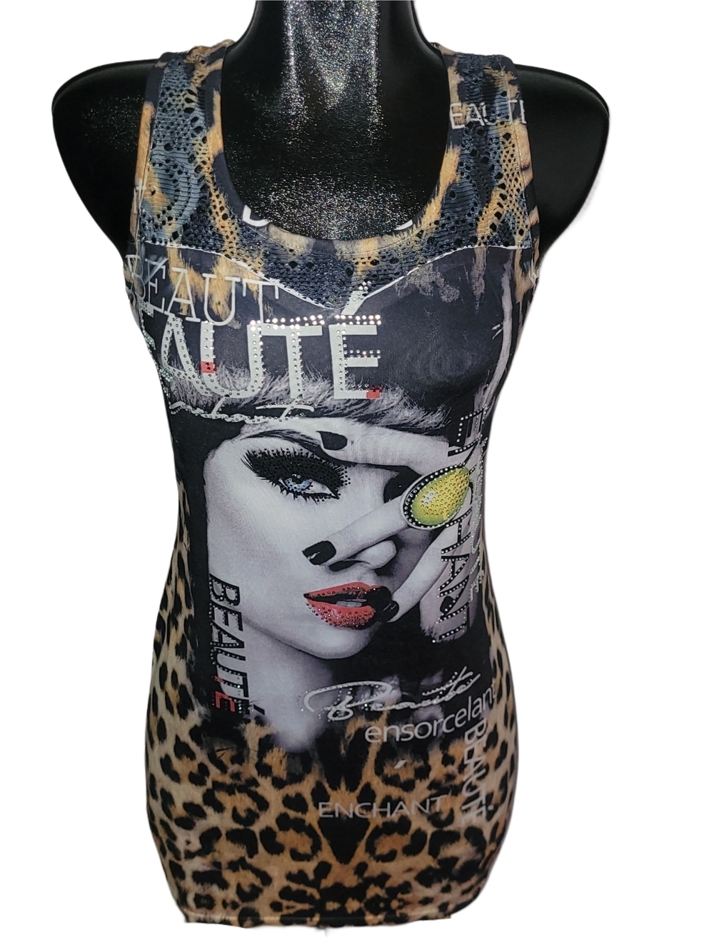 La Donna Graphic Leopard-Print Women’s Tank Mini Dress In Black & Tan Size M